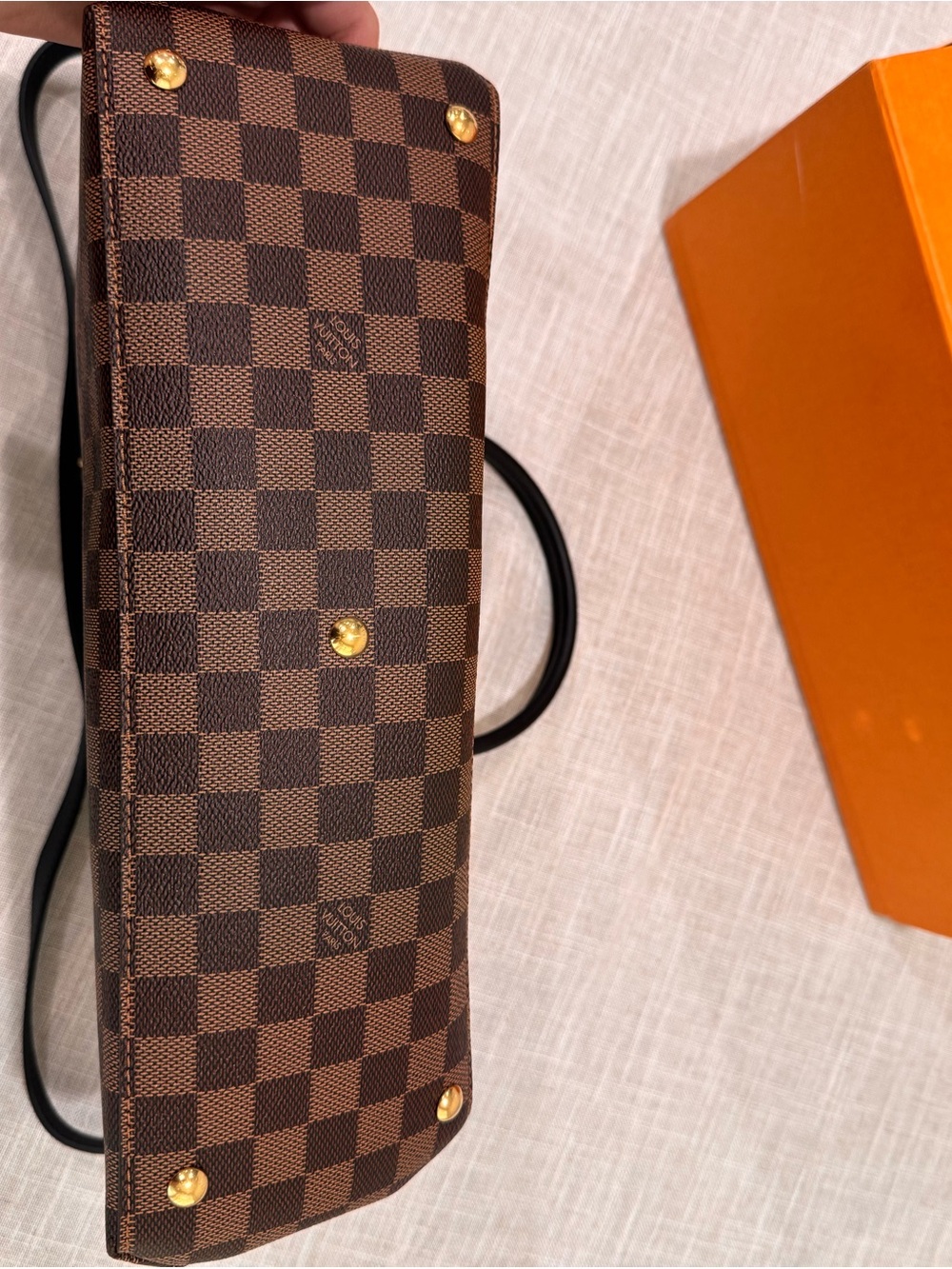 Louis Vuitton Brown Damier Ebene Canvas Tote with Black Trim and Yellow LV Charm - Picture 5 of 15